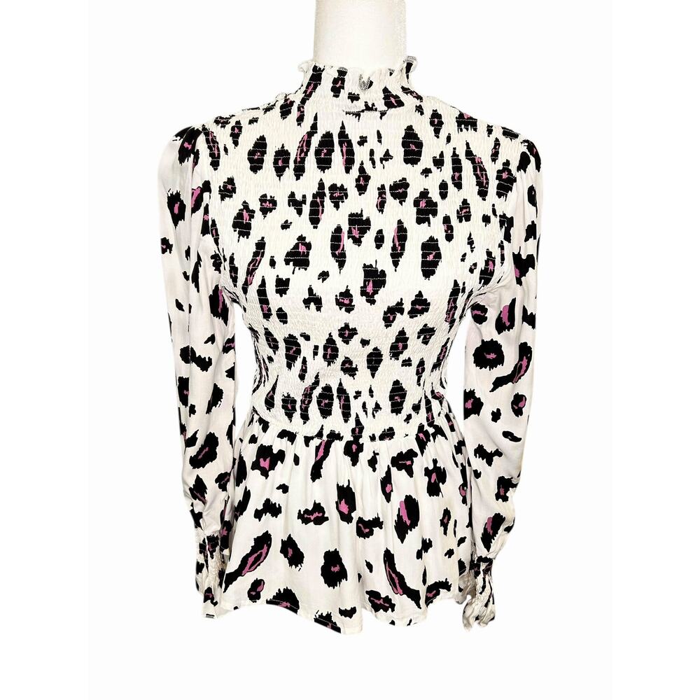 Black Purple Leopard Print Shirred Body Long Sleeve High Neck Peplum Blouse